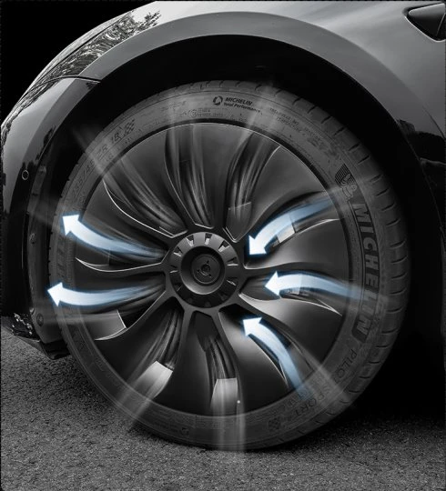 Tesla hubcaps that reduce wind resistance